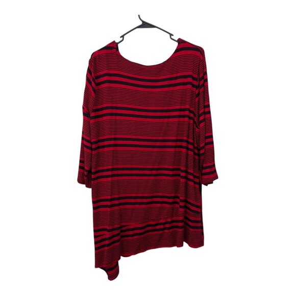 Kim Rogers Woman SZ 2X Red & Black Striped 3/4 Sleeve Tunic Top Asimetric hem - Picture 9 of 9